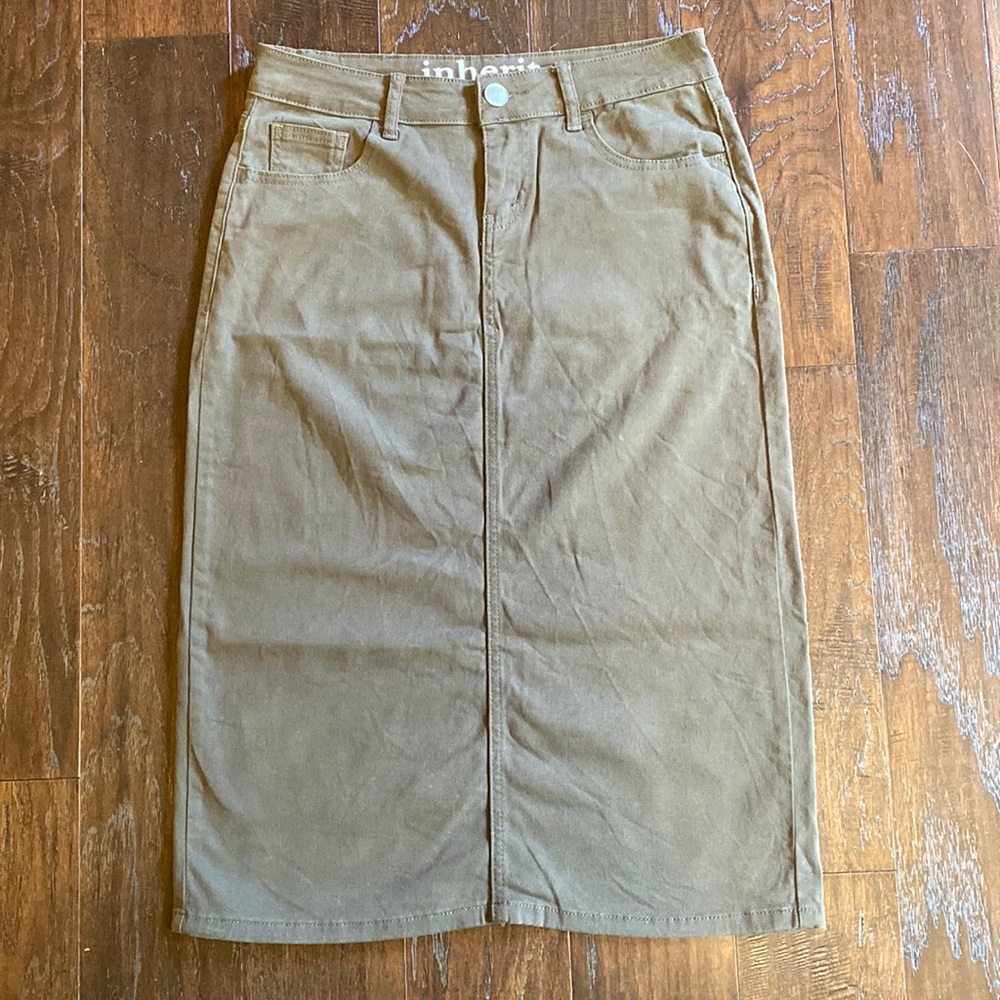 Inherit Co. Remi 29” midi denim pencil skirt olive army green size 7/8 regular